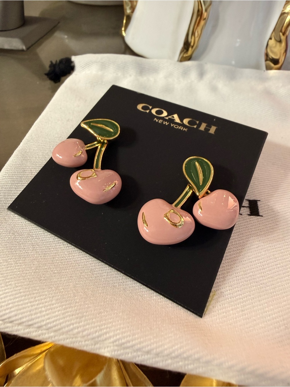 Coach Pink Enamel Cherry Earrings with Movable Leaves - Picture 1 of 4